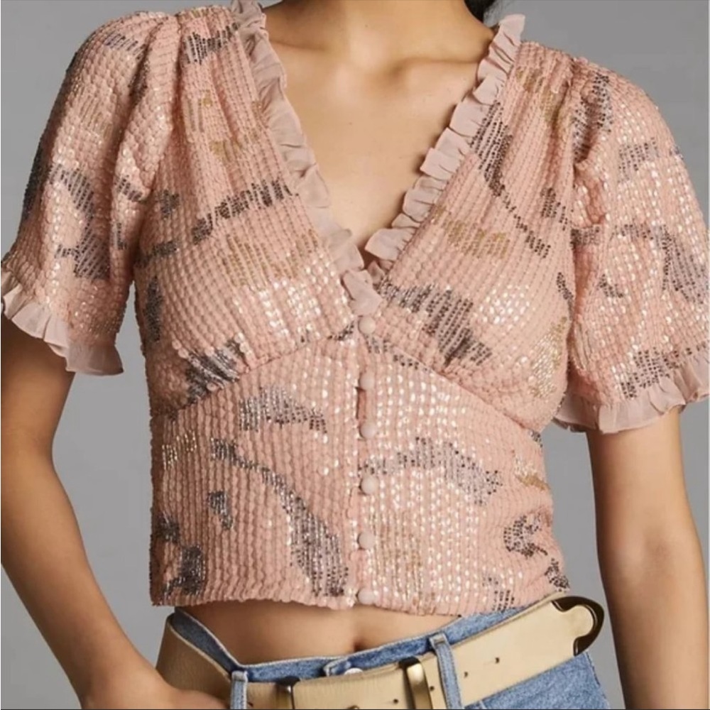 Anthropologie Pink Sequin Ruffle V-Neck Cropped Blouse